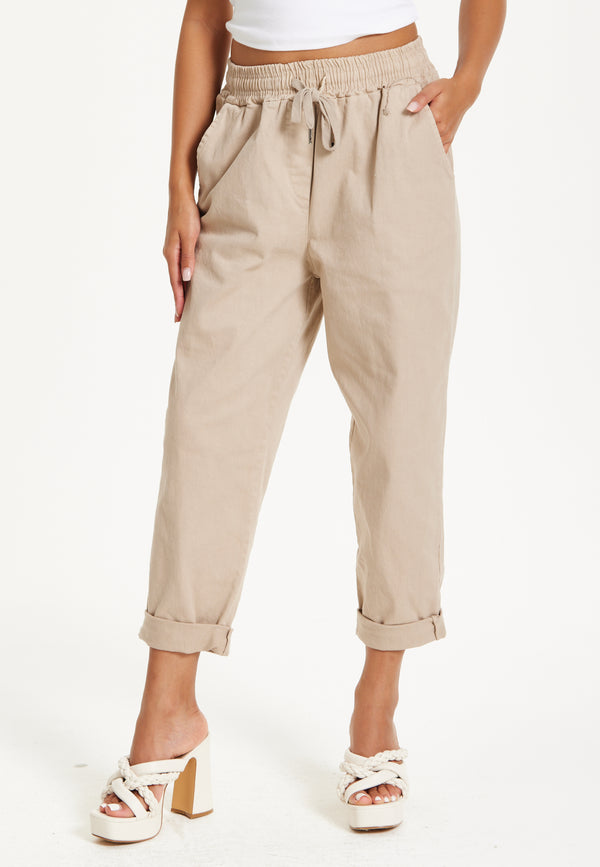 Liquorish Beige Relaxed Fit Tapered Trousers