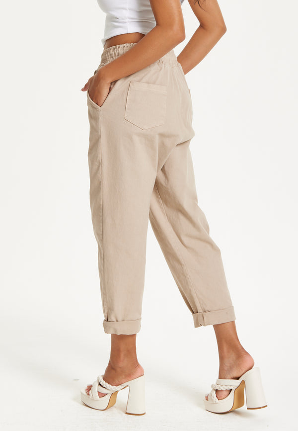 Liquorish Beige Relaxed Fit Tapered Trousers