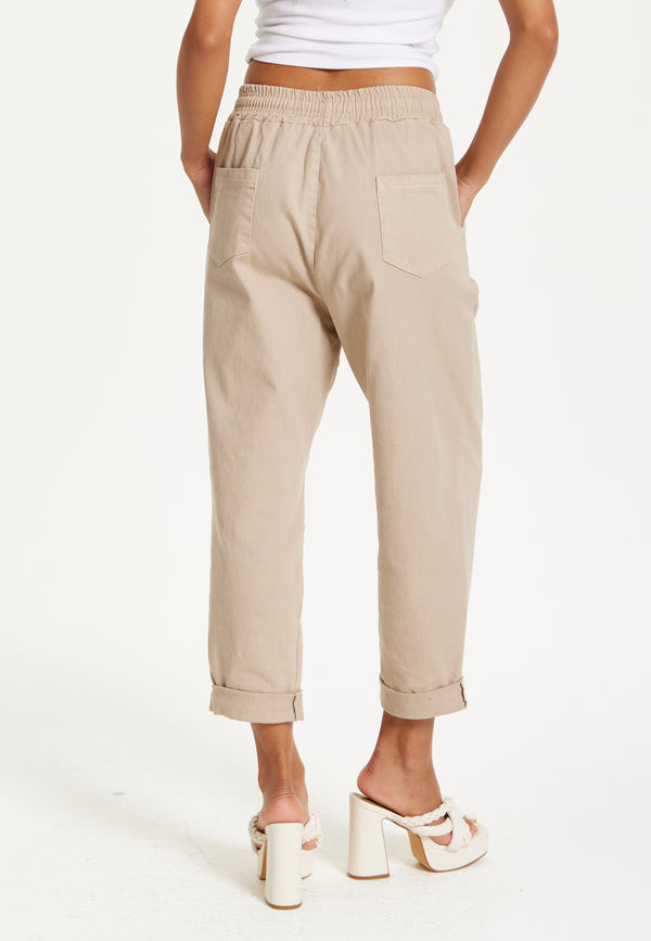Liquorish Beige Relaxed Fit Tapered Trousers