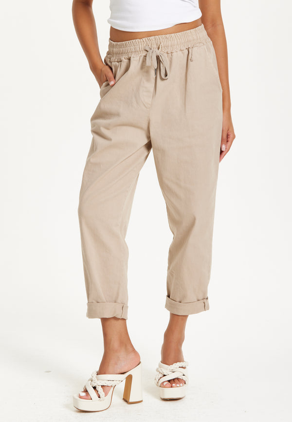 Liquorish Beige Relaxed Fit Tapered Trousers