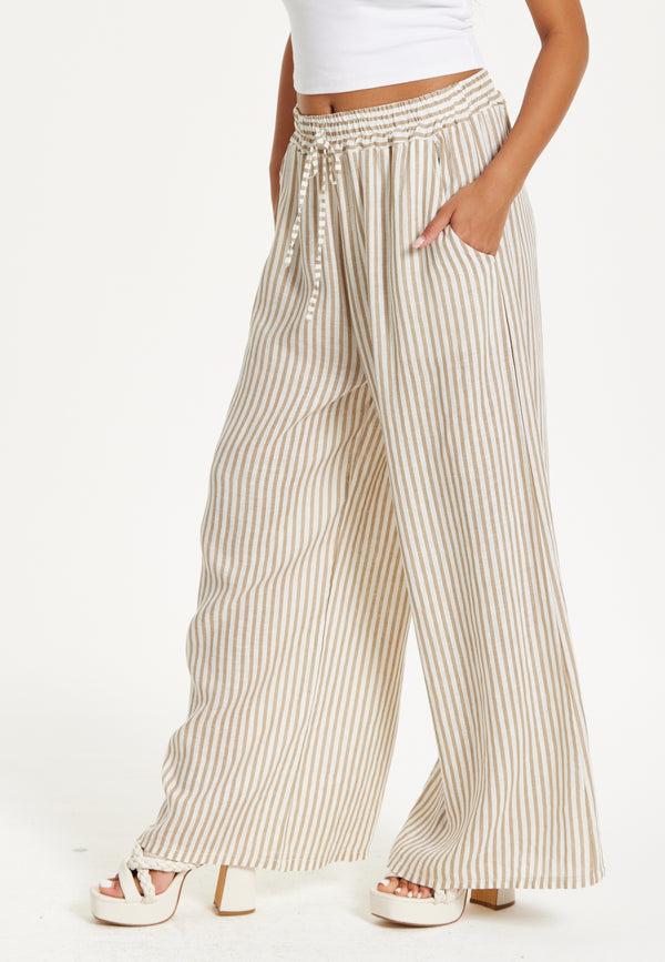 Liquorish Beige Striped Linen Wide Leg Trousers