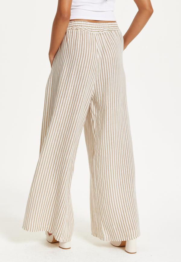 Liquorish Beige Striped Linen Wide Leg Trousers