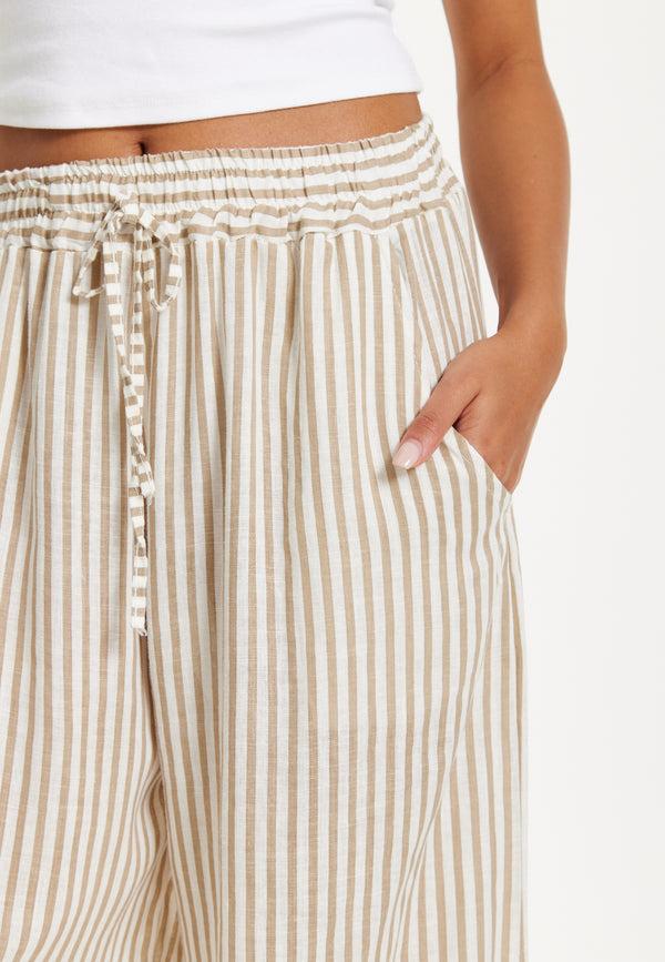 Liquorish Beige Striped Linen Wide Leg Trousers