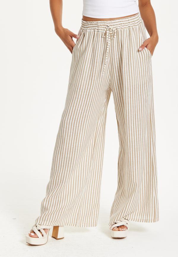 Liquorish Beige Striped Linen Wide Leg Trousers