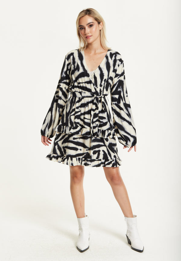 Liquorish Black Cream Zebra Print Wrap Dress