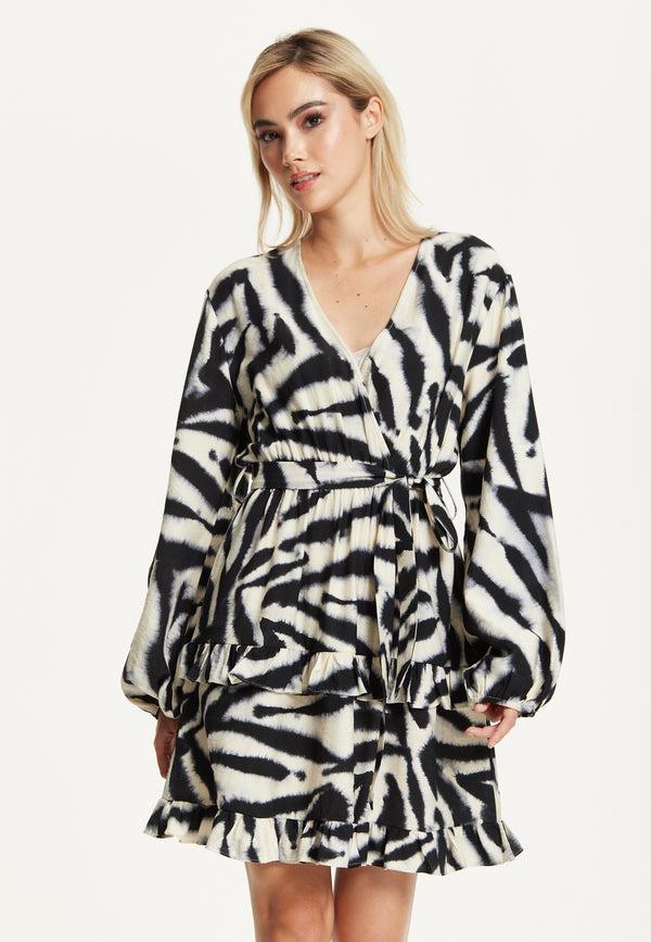Liquorish Black Cream Zebra Print Wrap Dress