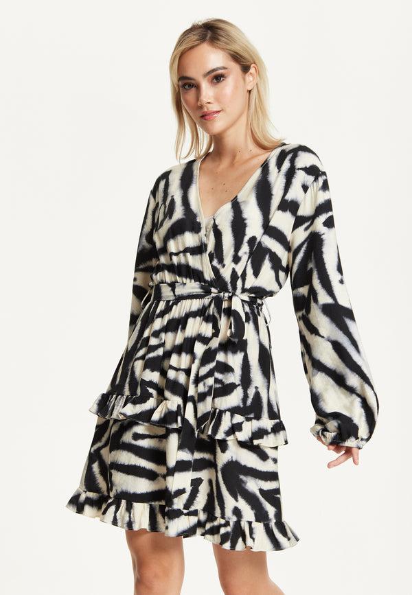 Liquorish Black Cream Zebra Print Wrap Dress