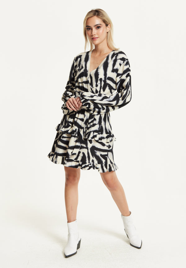 Liquorish Black Cream Zebra Print Wrap Dress
