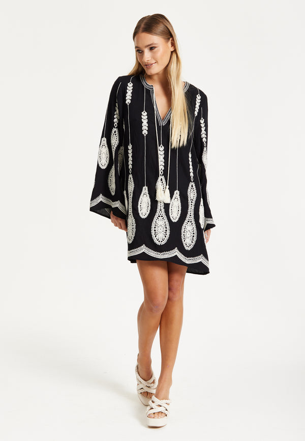 Liquorish Black Embroidered Flare Sleeve Dress