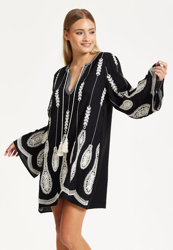 Liquorish Black Embroidered Flare Sleeve Dress