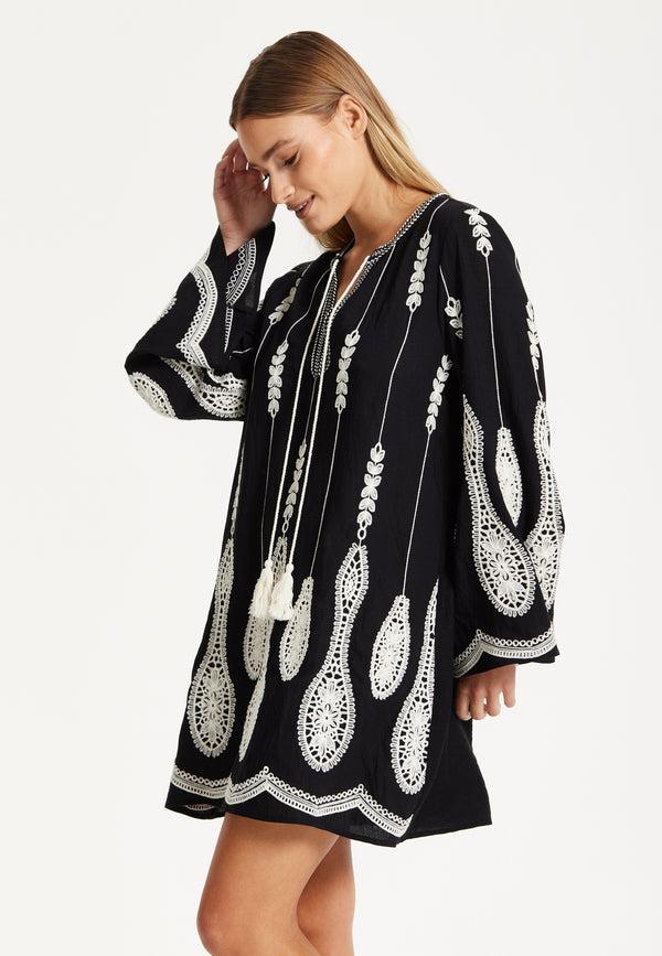 Liquorish Black Embroidered Flare Sleeve Dress