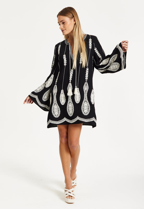 Liquorish Black Embroidered Flare Sleeve Dress