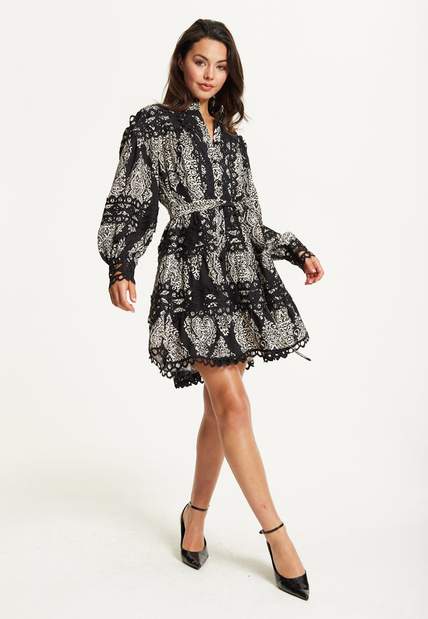 Liquorish Black Embroidered Lace Mini Dress