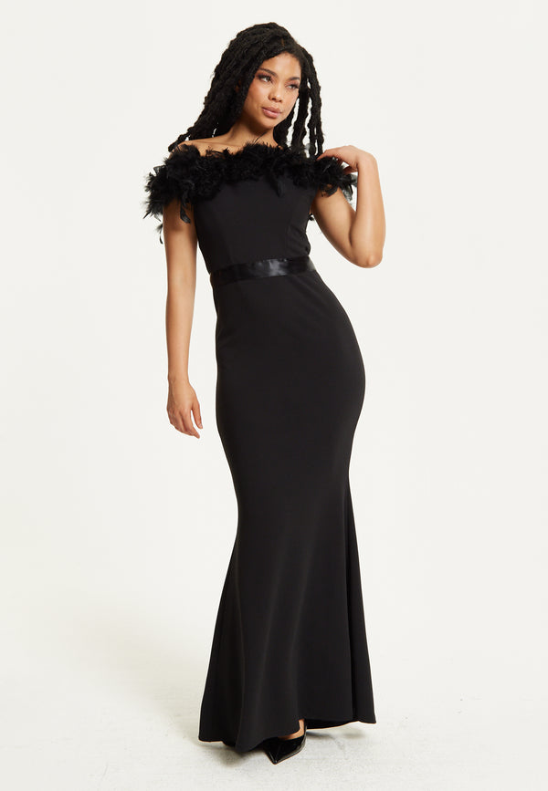 Liquorish Black Feather Bardot Maxi Dress