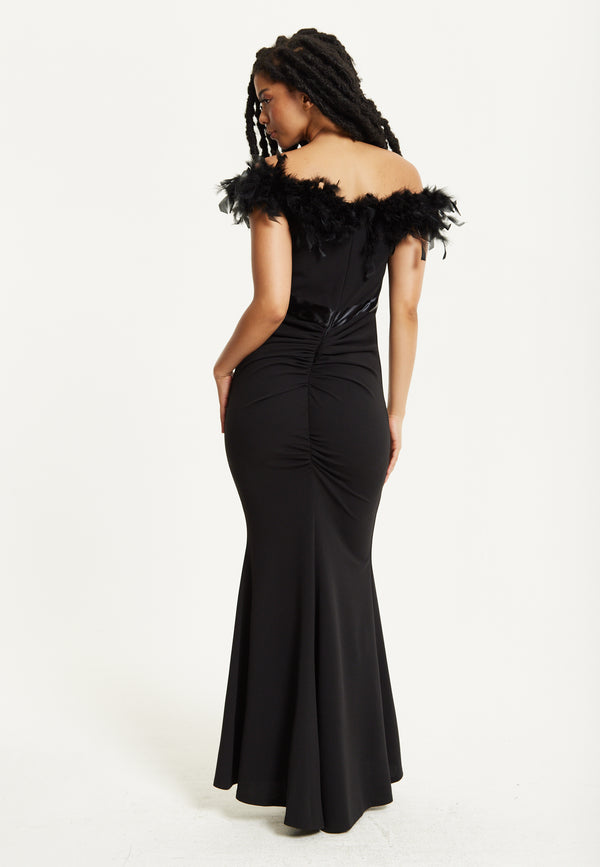 Liquorish Black Feather Bardot Maxi Dress
