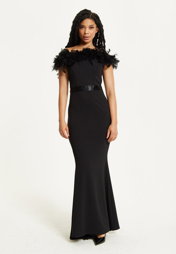 Liquorish Black Feather Bardot Maxi Dress