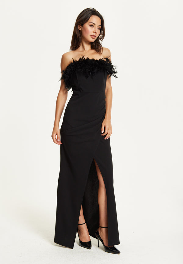 Liquorish Black Feather Trim Strapless Dress