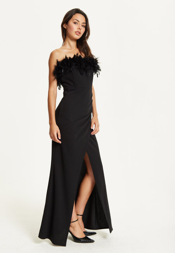 Liquorish Black Feather Trim Strapless Dress