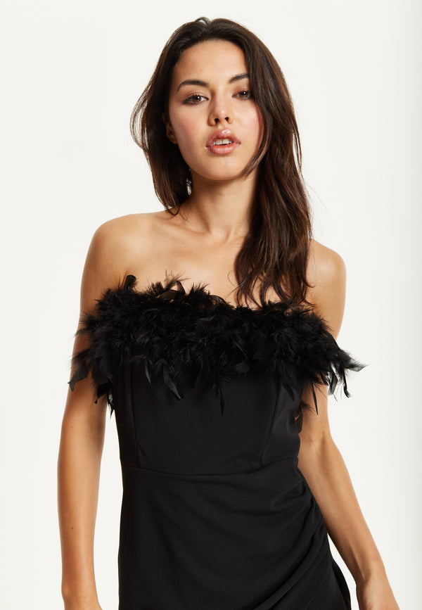 Liquorish Black Feather Trim Strapless Dress