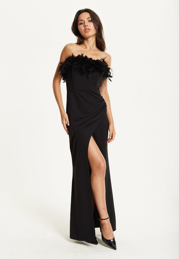 Liquorish Black Feather Trim Strapless Dress