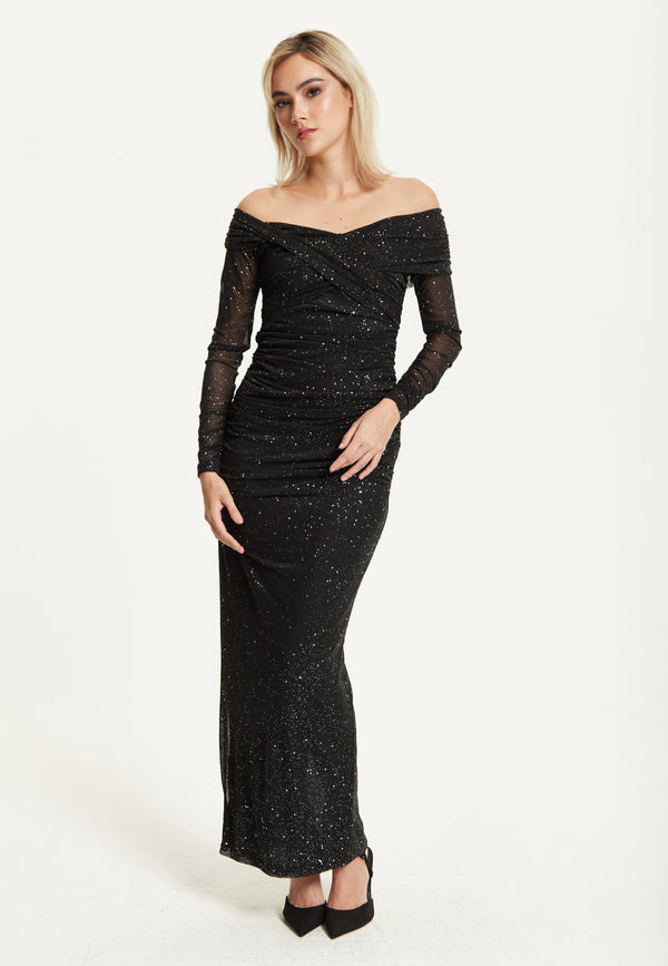 Liquorish Black Glitter Off Shoulder Maxi Dress