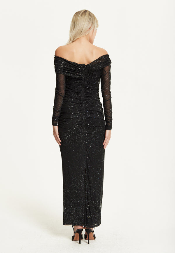 Liquorish Black Glitter Off Shoulder Maxi Dress