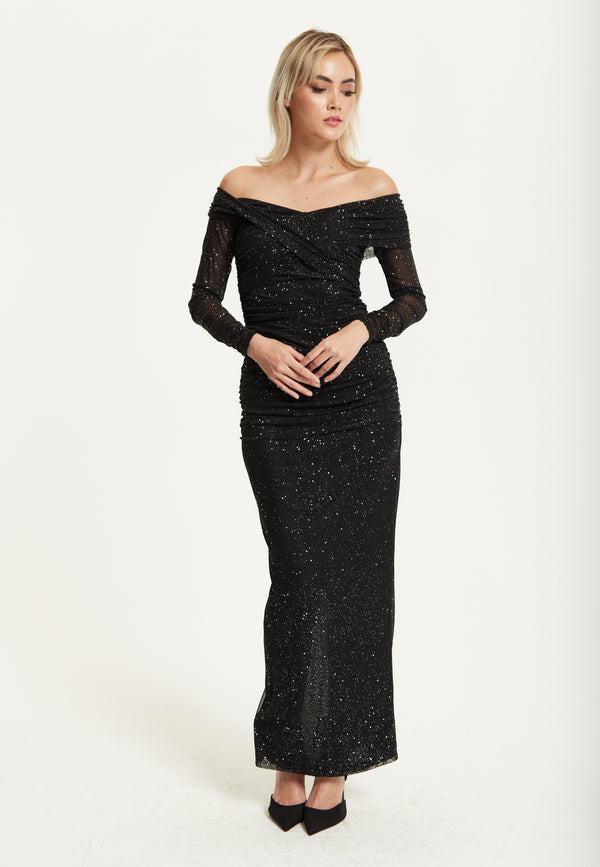 Liquorish Black Glitter Off Shoulder Maxi Dress