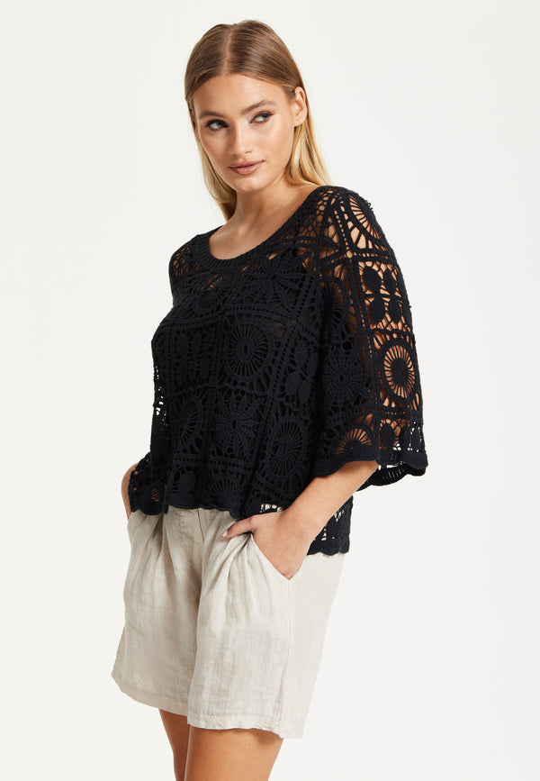 Liquorish Black Knitted Crochet Lace Top