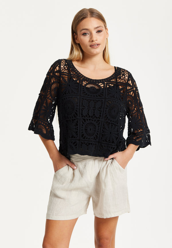 Liquorish Black Knitted Crochet Lace Top