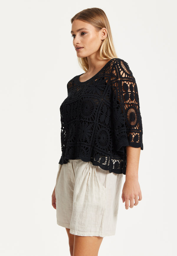 Liquorish Black Knitted Crochet Lace Top