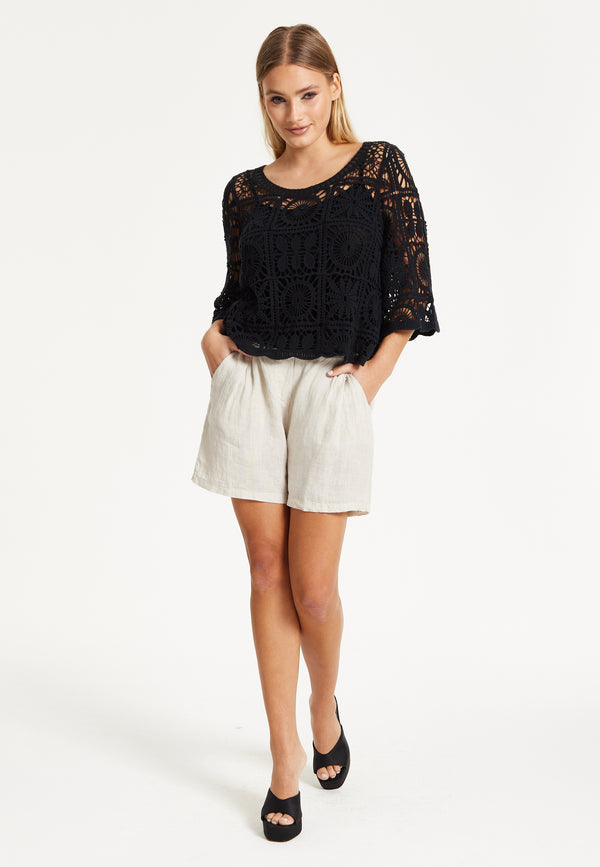 Liquorish Black Knitted Crochet Lace Top