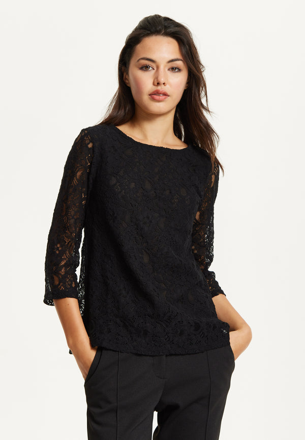 Liquorish Black Lace 3/4 Sleeve Top