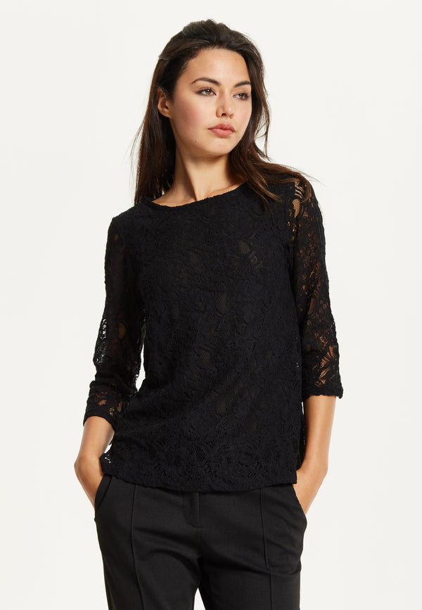 Liquorish Black Lace 3/4 Sleeve Top