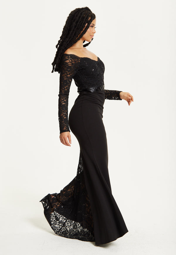 Liquorish Black Lace Long Sleeve Maxi Dress