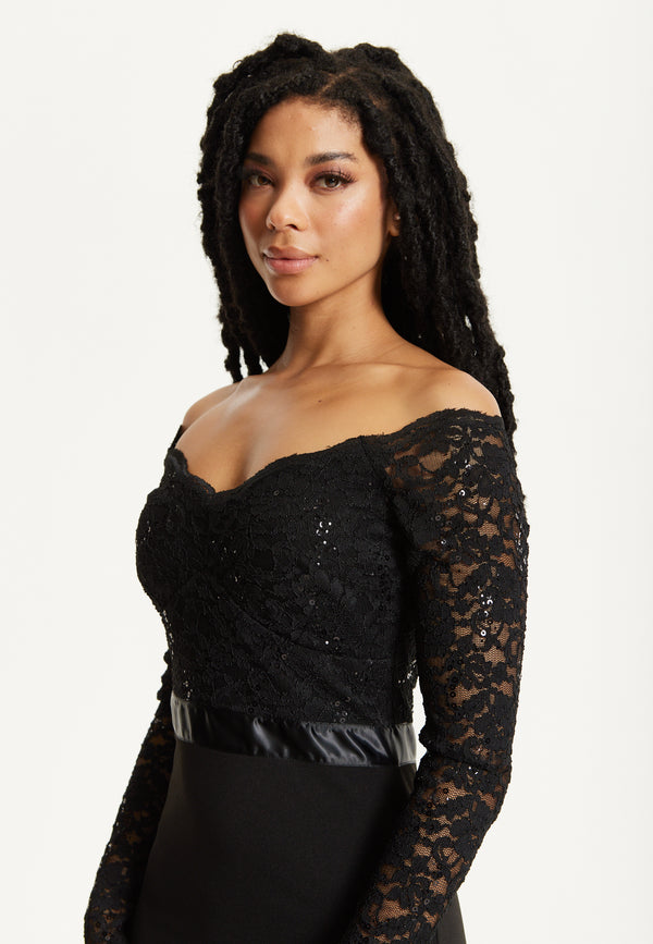 Liquorish Black Lace Long Sleeve Maxi Dress