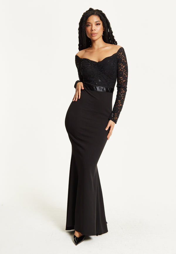 Liquorish Black Lace Long Sleeve Maxi Dress