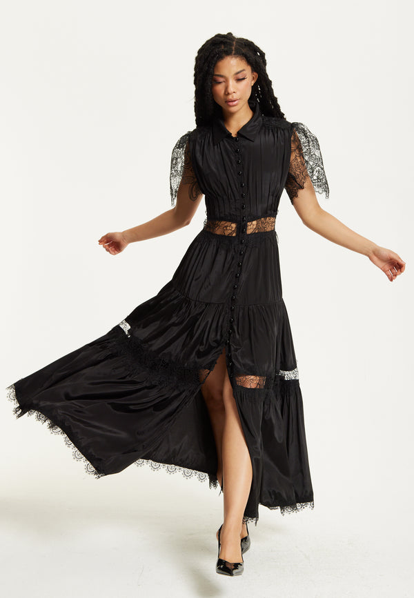 Liquorish Black Lace Panel Maxi Dress