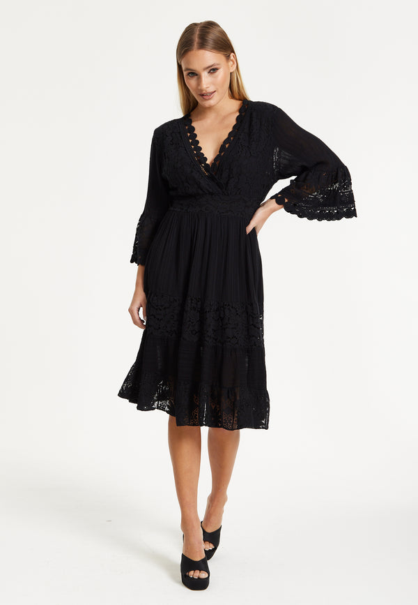 Liquorish Black Lace Trim Flare Sleeve Dress