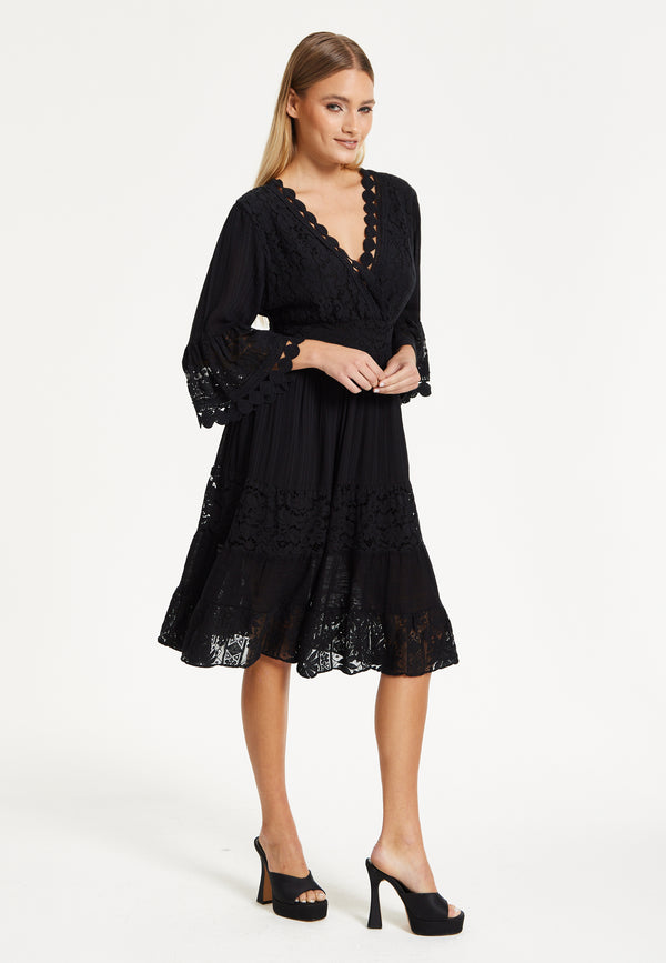 Liquorish Black Lace Trim Flare Sleeve Dress