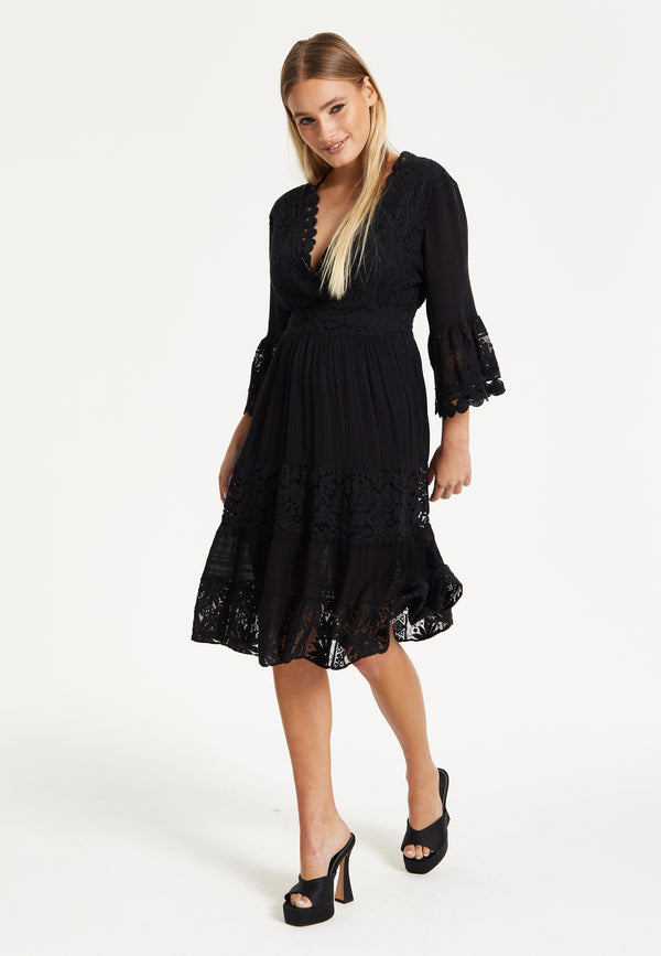 Liquorish Black Lace Trim Flare Sleeve Dress