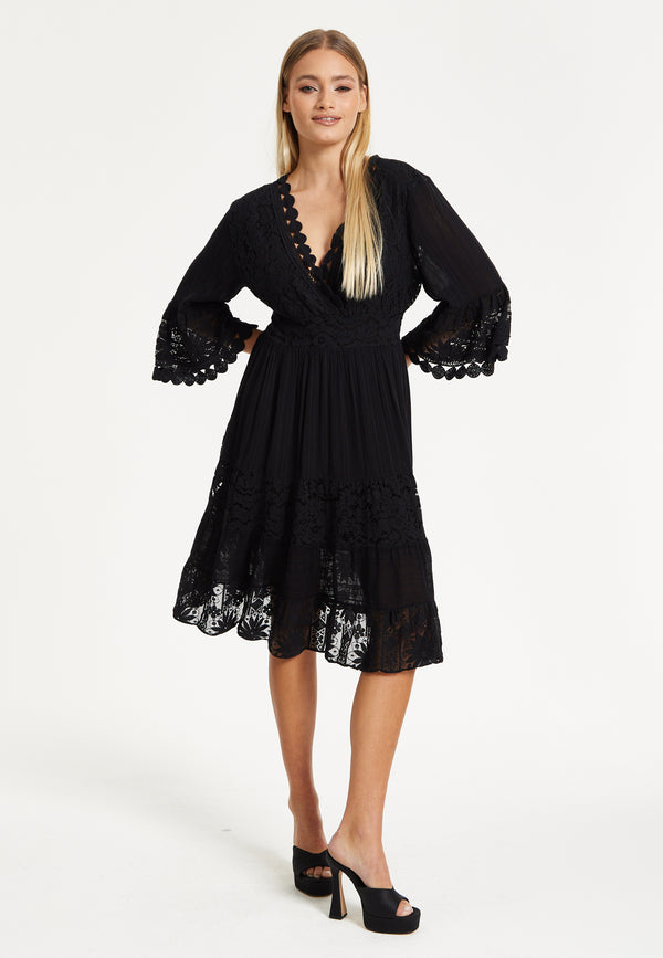 Liquorish Black Lace Trim Flare Sleeve Dress