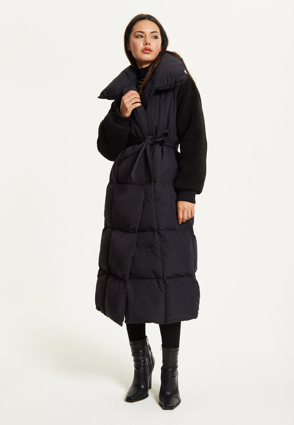 Liquorish Black Longline Belted Puffer Coat