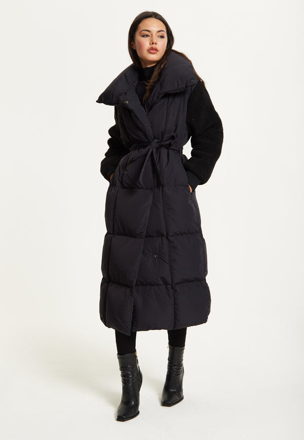 Liquorish Black Longline Belted Puffer Coat