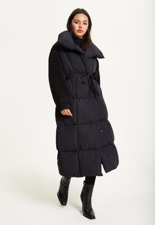 Liquorish Black Longline Belted Puffer Coat