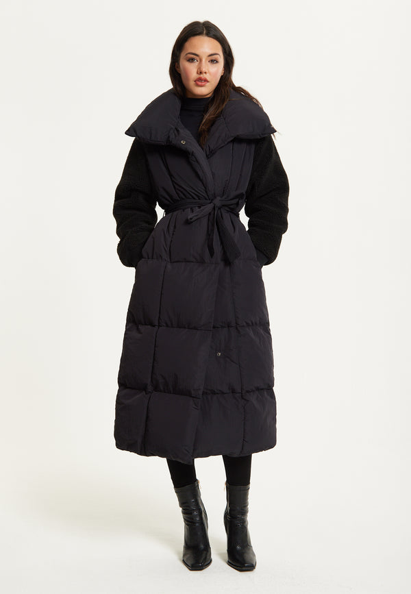 Liquorish Black Longline Belted Puffer Coat
