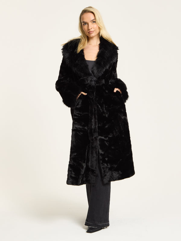 Liquorish Black Longline Faux Fur Coat