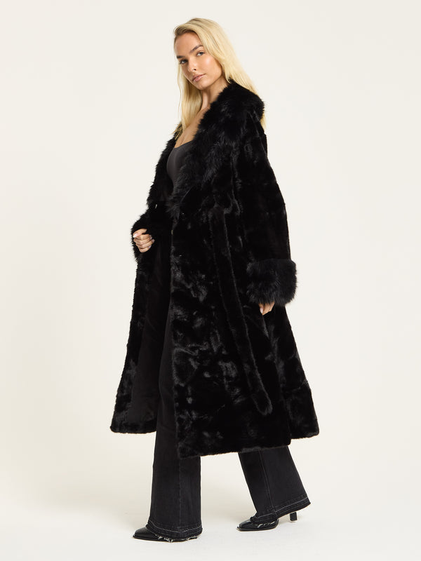 Liquorish Black Longline Faux Fur Coat