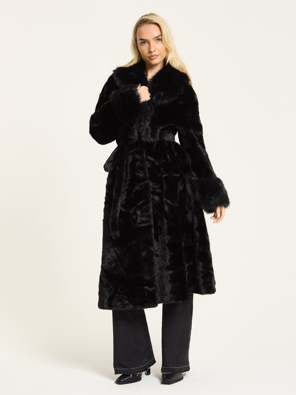 Liquorish Black Longline Faux Fur Coat