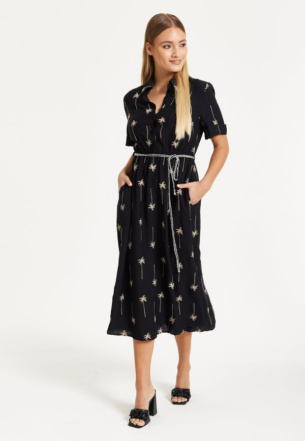 Liquorish Black Palm Print Shirt Midi Dress