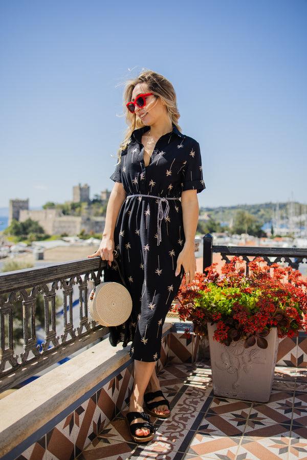 Liquorish Black Palm Print Shirt Midi Dress